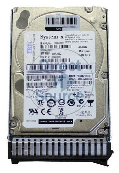 00AJ092 00AJ091 00AJ095 LENOVO 600GB 10K RPM 6Gb/s G3HS 2.5" SAS Hard Drive