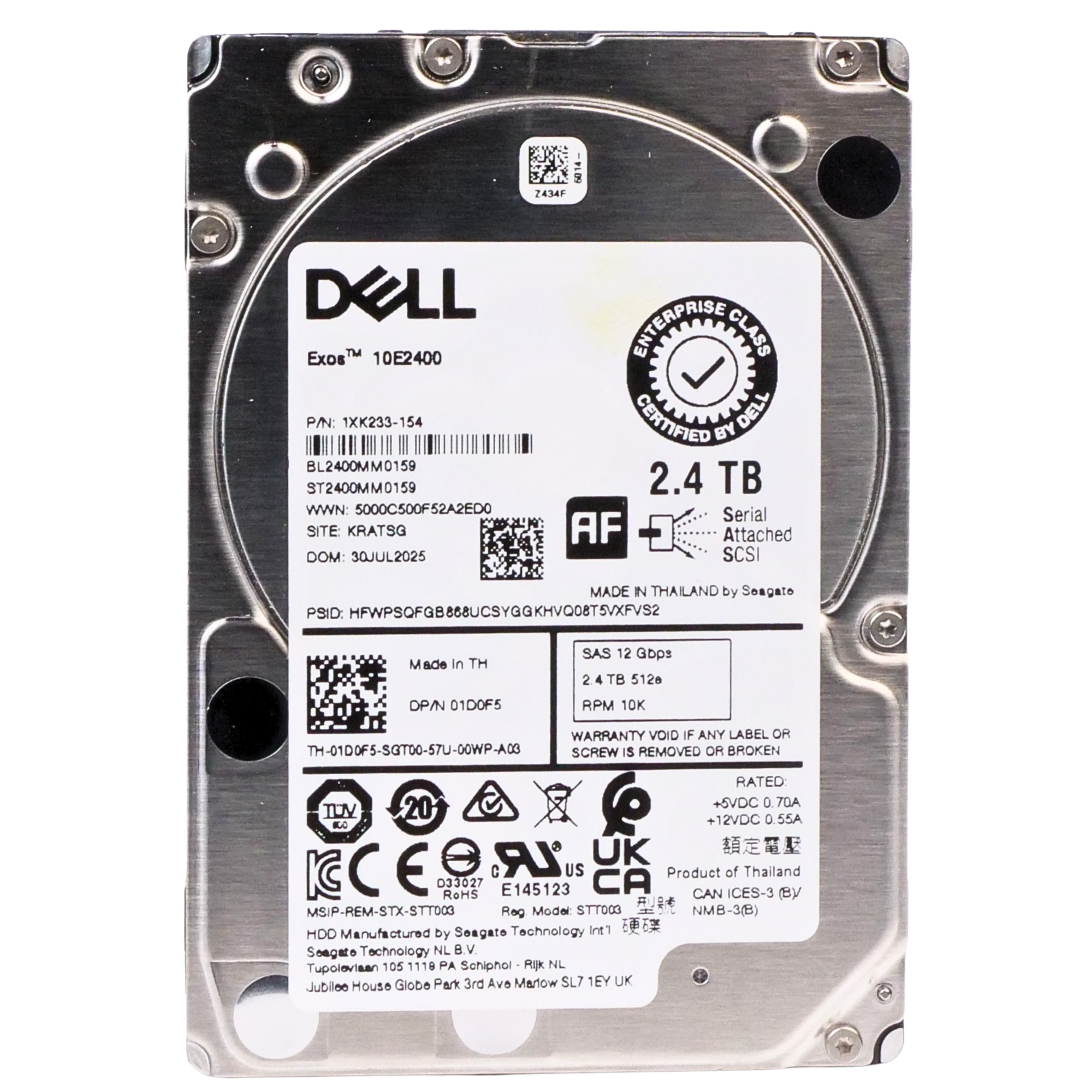 Dell/Seagate Exos 10E2400 ST2400MM0159 2.4TB 10K RPM SAS 12Gb/s 512e 256MB 2.5in Recertified HDD