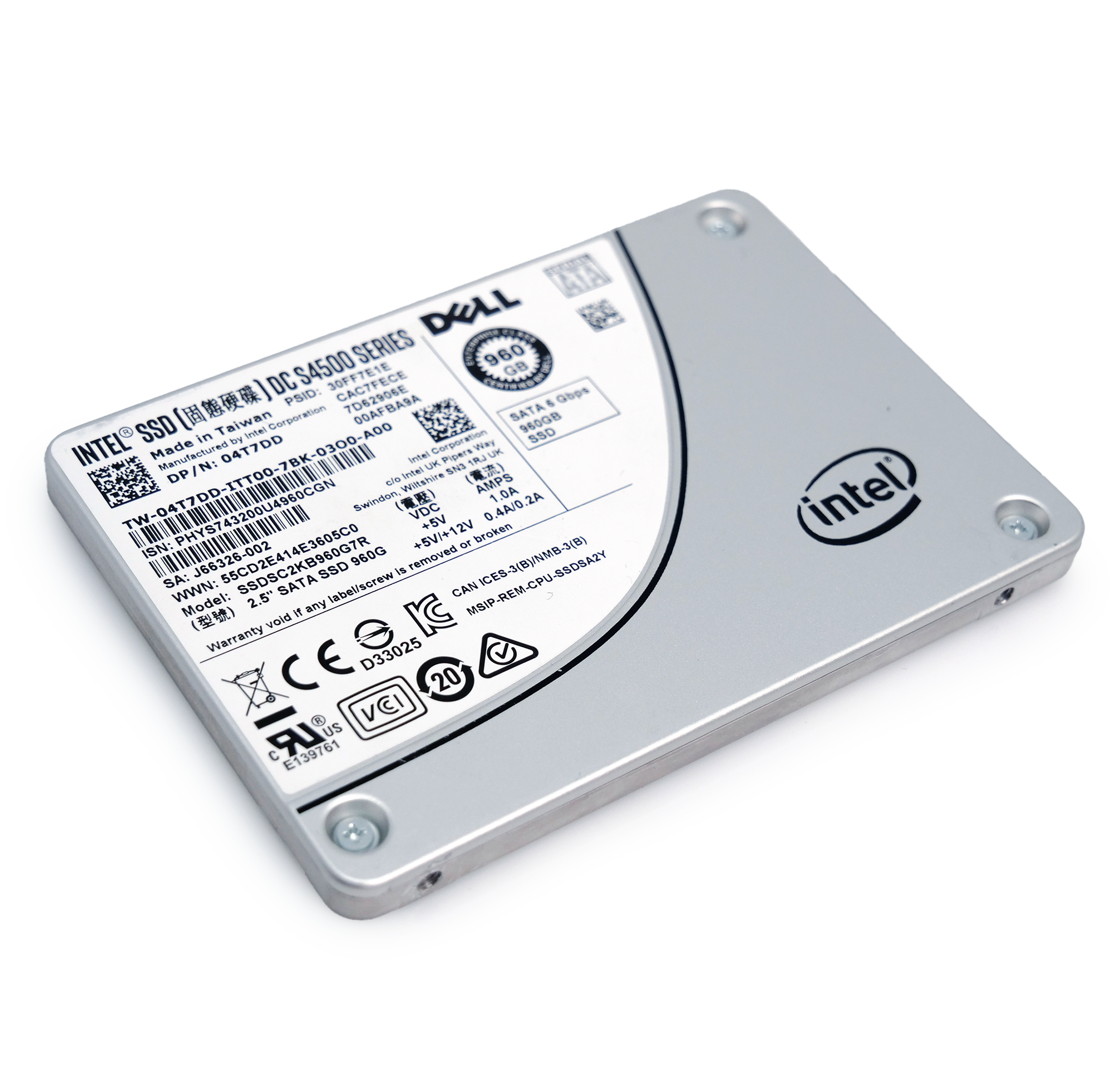 Intel/Dell SSDSC2KB960G7R 04T7DD 960GB 1 DWPD SATA 6Gb/s 3D TLC 2.5in Refurbished SSD