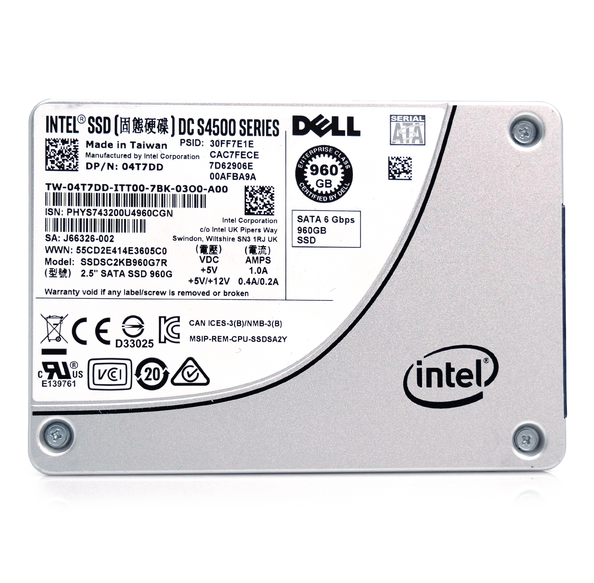 Intel/Dell SSDSC2KB960G7R 04T7DD 960GB 1 DWPD SATA 6Gb/s 3D TLC 2.5in Refurbished SSD