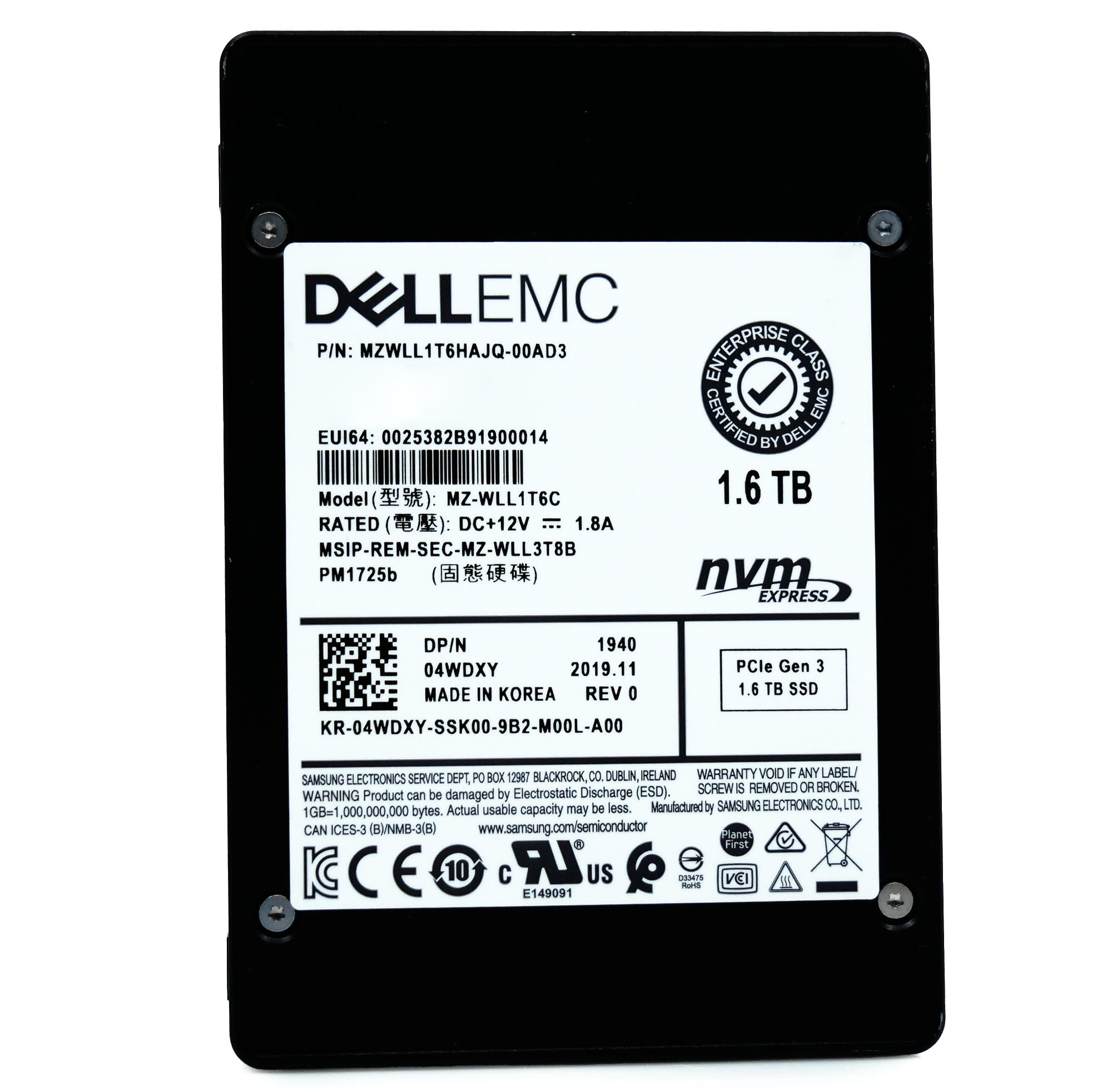 Samsung/Dell PM1725b MZWLL1T6HAJQ 1.6TB 3 DWPD PCIe Gen 3.0 x4 4GB/s Read Intensive 3D TLC 2.5in Refurbished SSD