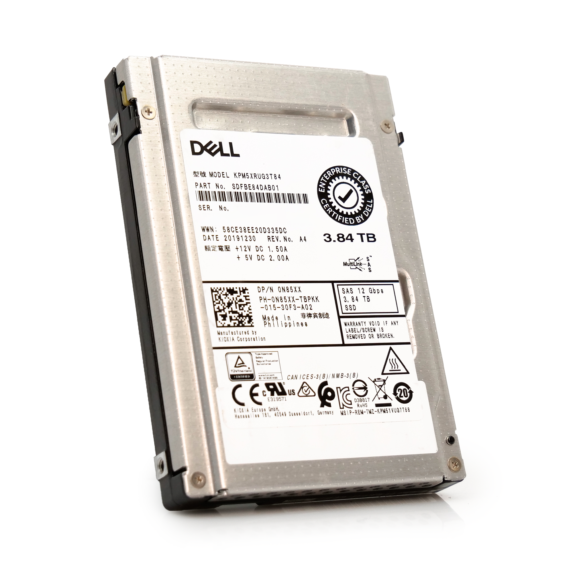 Kioxia/Dell PM5-R KPM5XRUG3T84 3.84TB 1 DWPD SAS-3 12Gb/s Read Intensive 3D TLC 2.5in Refurbished Enterprise SSD