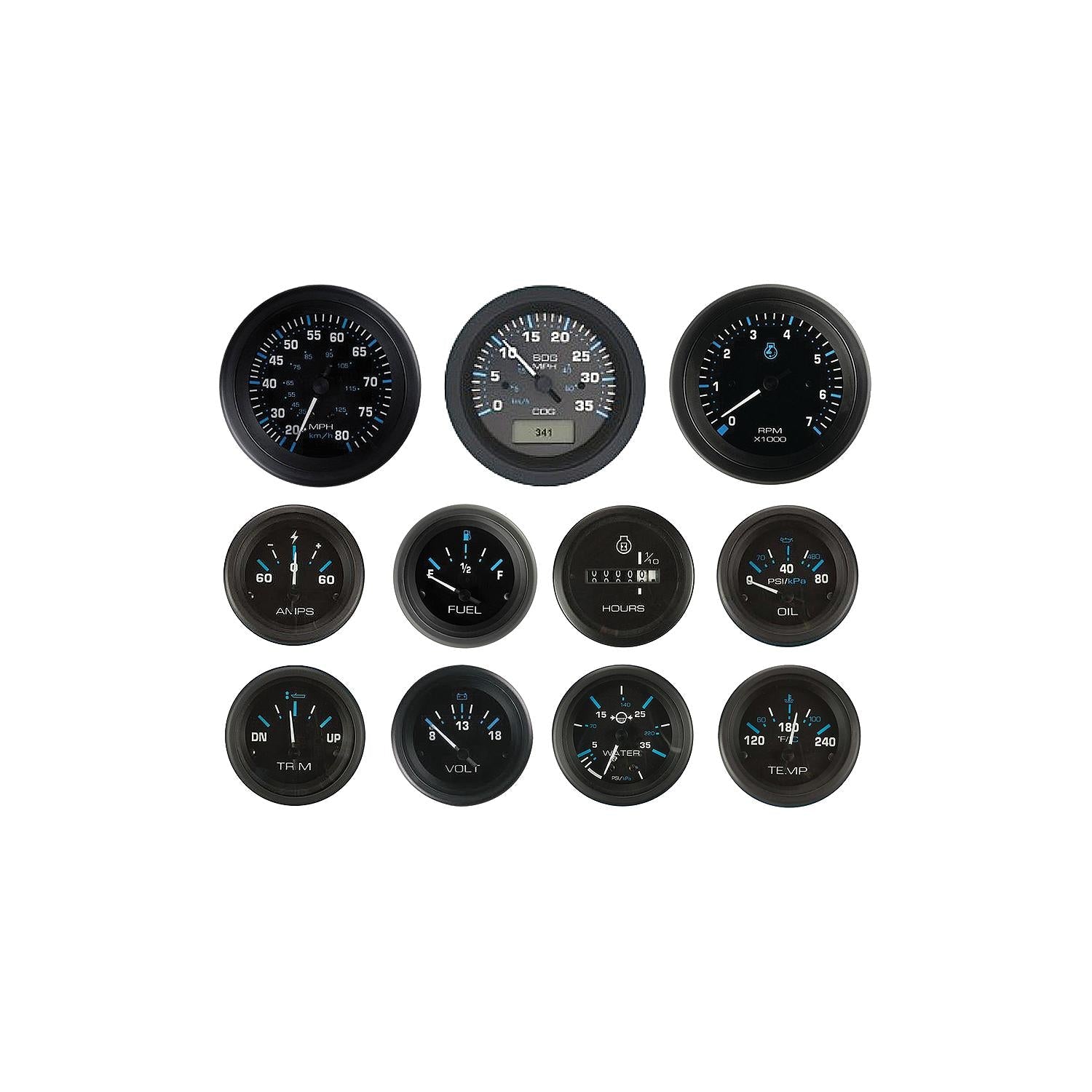 Sierra 69726P Eclipse Gauge Set, Black Inboard 4 Set, Tachometer, Voltmeter, Oil Pressure, Water Temp