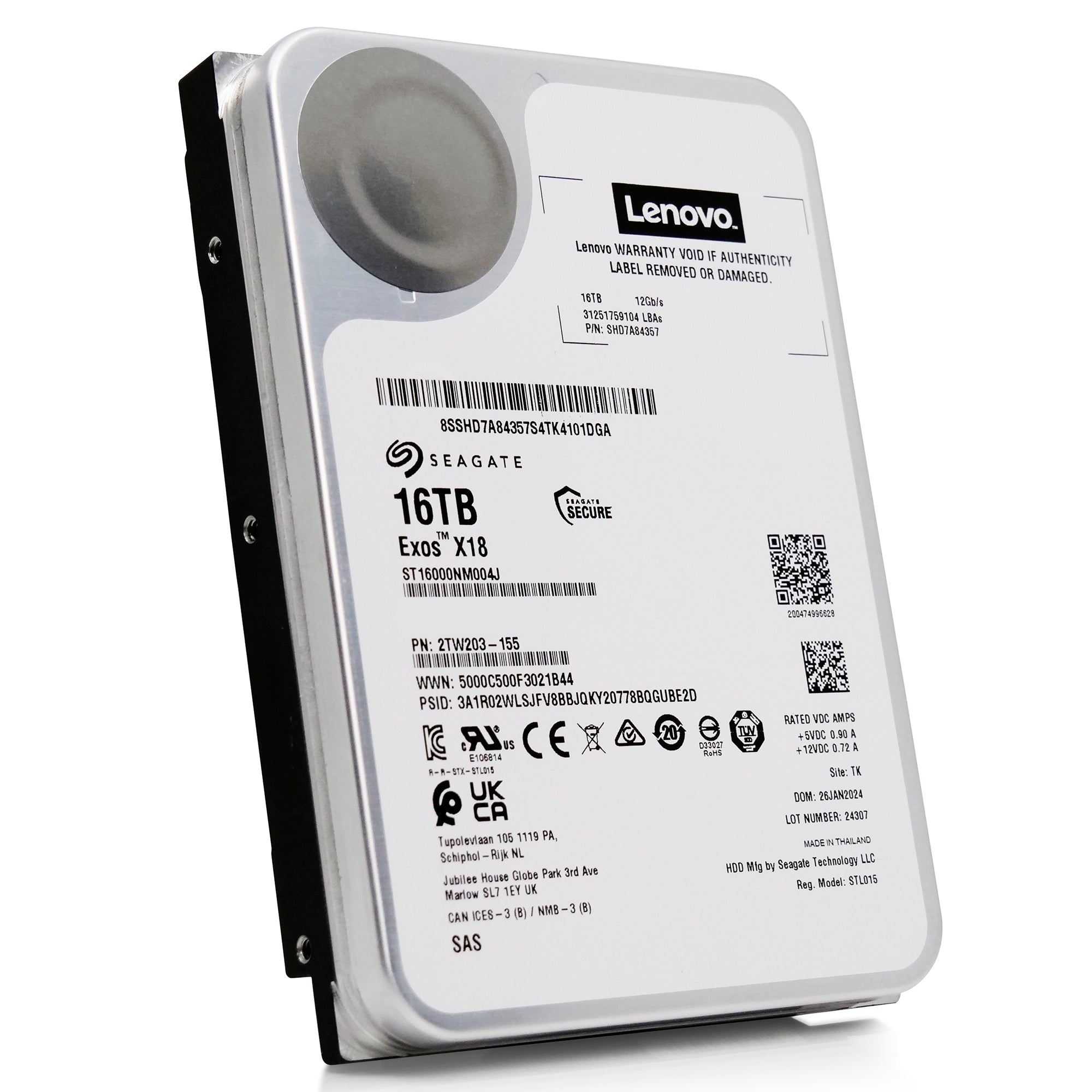 Seagate/Lenovo Exos X18 ST16000NM004J SHD7A84367 16TB 7.2K RPM SAS 12Gb/s 512e 3.5in Recertified Hard Drive