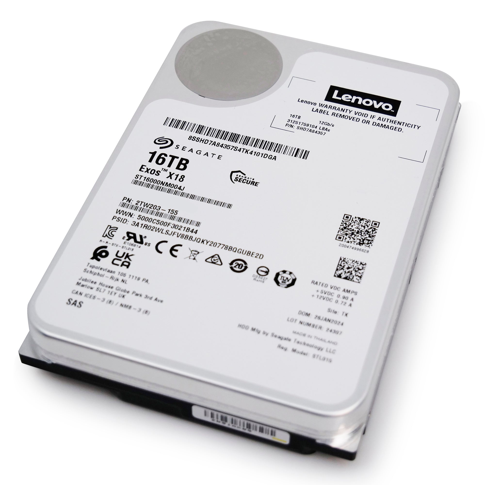 Seagate/Lenovo Exos X18 ST16000NM004J SHD7A84367 16TB 7.2K RPM SAS 12Gb/s 512e 3.5in Recertified Hard Drive