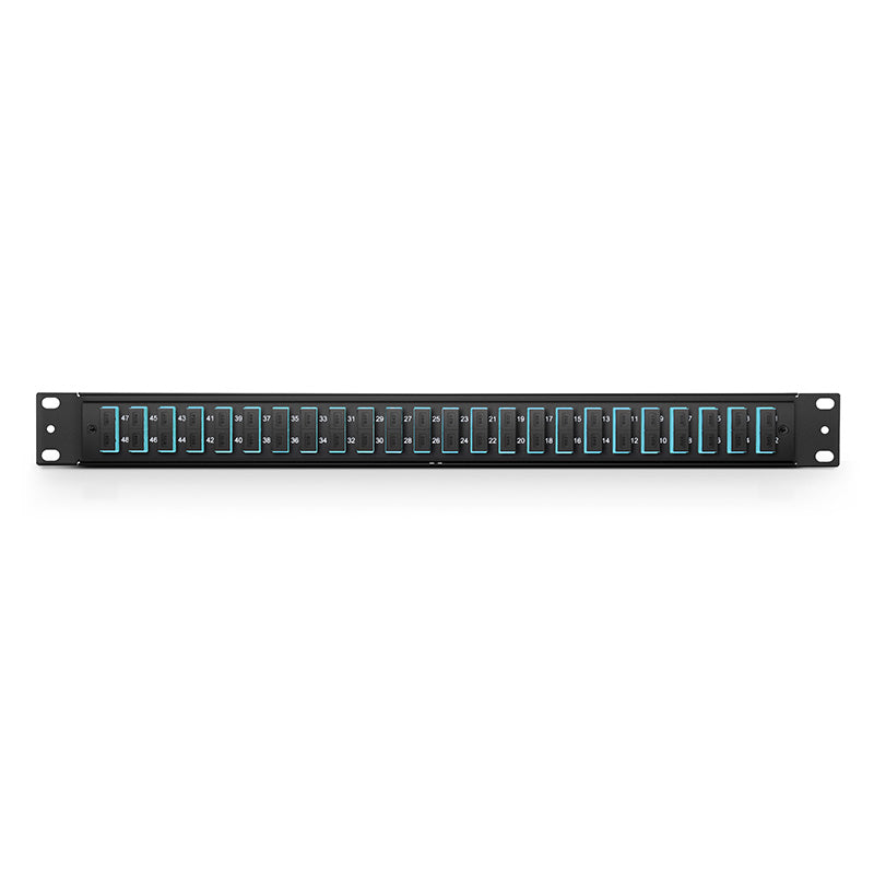 FHU 1U 19'' Fiber Adapter Panel, 48 Fibers OM4 Multimode, 24x SC UPC Duplex (Aqua) Adapter, Ceramic Sleeve