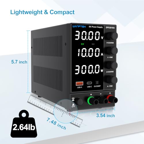 DC Power Supply Variable 0-30V 0-10A, Adjustable Switching Regulated Bench Power Supplies with Encoder Coarse & Fine Knob, 3.6A USB & Type-C Quick-Charge, OCP Overcurrent Protection