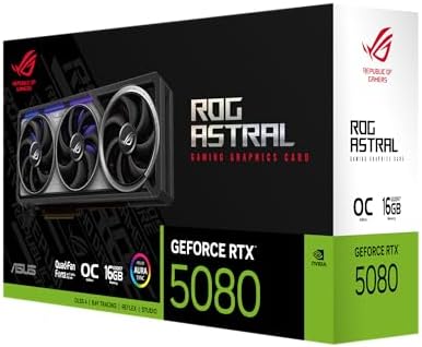 ASUS ROG Astral GeForce RTX™ 5080 OC Edition Gaming Graphics Card (PCIe® 5.0, 16GB GDDR7, HDMI®/DP 2.1, 3.8-Slot, 4-Fan Design, Axial-tech Fans, Patented Vapor Chamber, Phase-Change GPU Thermal pad)|B0DQSD7YQC