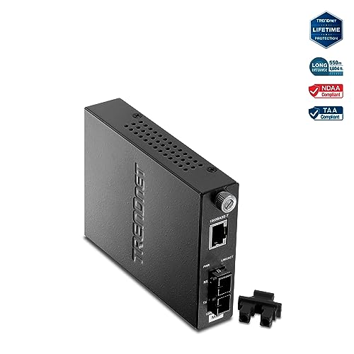TRENDnet Intelligent 1000Base-T to 1000Base-SX Multi-Mode SC Fiber Media Converter, Up to 550M (1800 ft, Fiber to Ethernet Converter, 2Gbps Switching Capacity, Lifetime Protection, Black, TFC-1000MSC