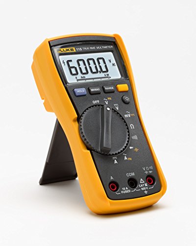 Fluke 115 Digital Multimeter, Measures AC/DC Voltage to 600 V and Current to 10 A, Resistance, Continuity, Frequency and Capacitance Testing, Includes Battery, Holster and 4 mm PVC-Insulated Test Leads