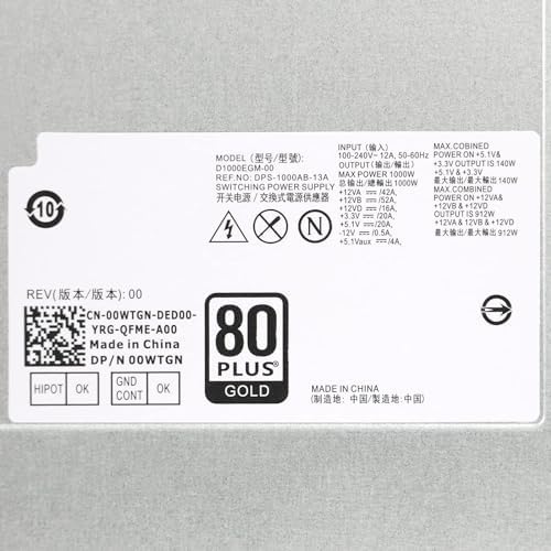 LXun Upgraded D1000EGM-00 1000W Power Supply Version Workstation Server Gaming Full Modular Compatible with Dell Alienware Aurora A51 R9 R10 R11 R12 XPS 8920 8930 T3640 T3650 Inspiron 5675 0PDJK 0WTGN