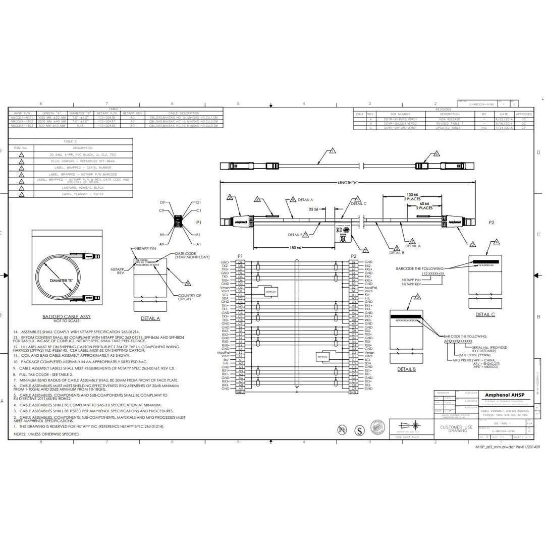 Netapp miniSAS-HD to miniSAS-HD 0.5M SAS 12Gbps Data Cable | X66030A-N