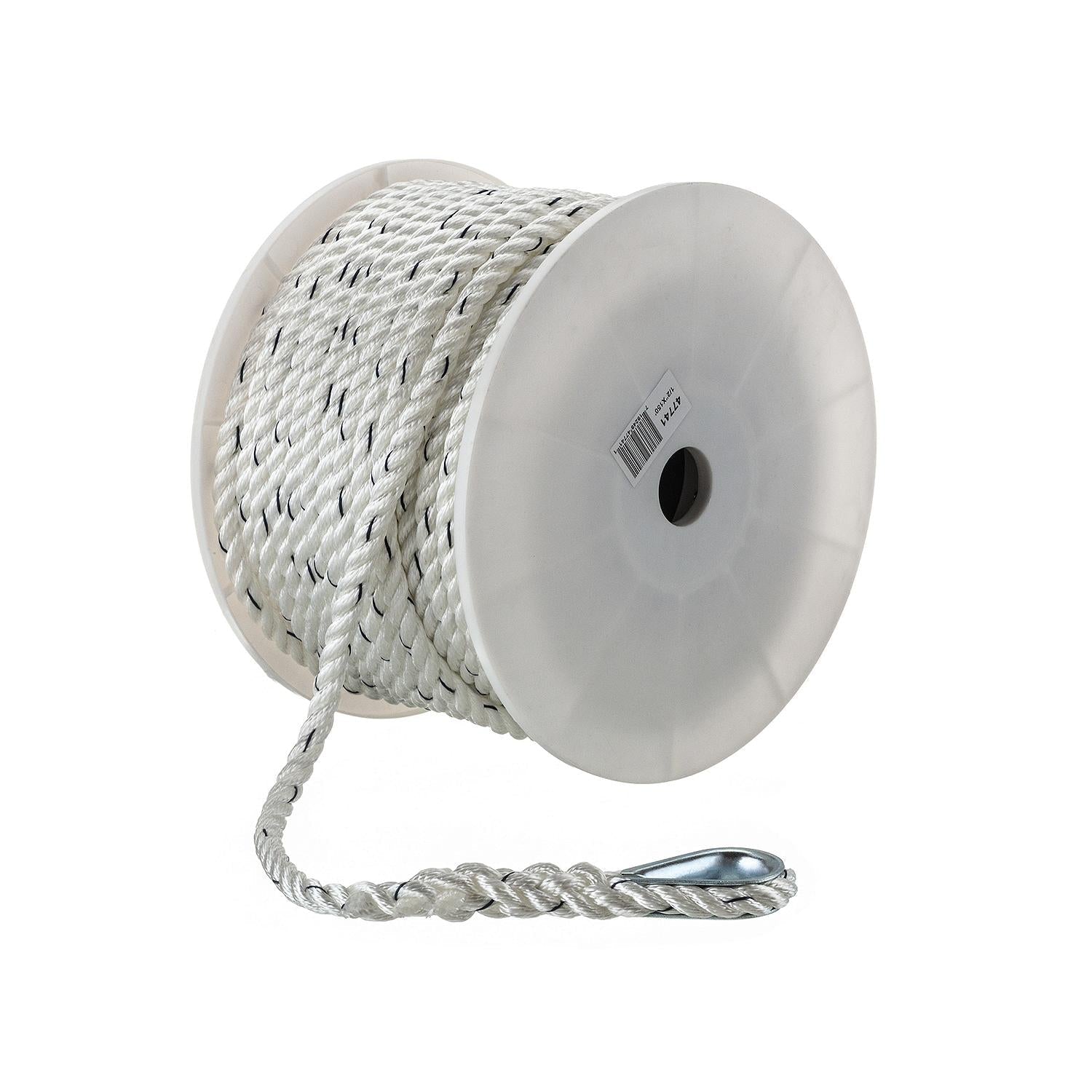 Seachoice 47741 Premium 3-Strand Twisted Nylon Anchor Line White w/ Blue Tracer, 1/2" x 150'