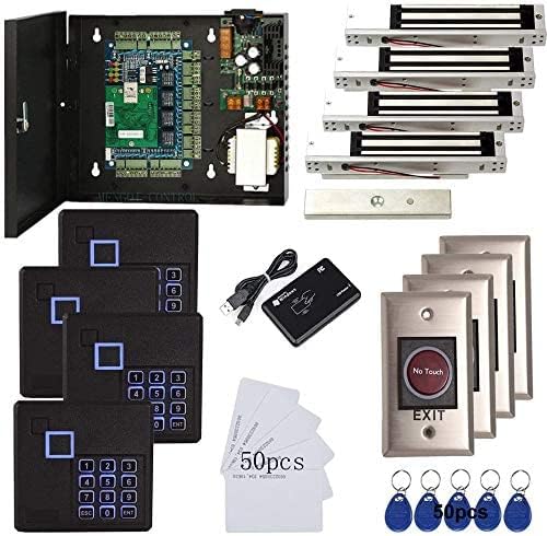 MENGQI-CONTROL 2 Door Access Control Board System 600lbs Electromagnetic Lock Infrared NoTouch Exit Button Keypad Reader 110~240V Power Supply Box USB Enroll Reader Card Key Fob APP remotely Open Door