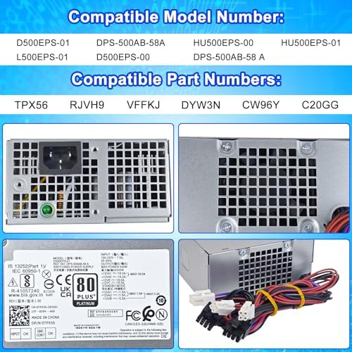 D500EPS-01 500W Power Supply L500EPS-01 VFFKJ Compatible with Dell XPS 8950 Vostro 3901 3910 Inspiron 3910 D12 Latitude D500 Optiplex 7000MT HU500EPS-00 HU500EPS-01 DPS-500AB-58A Power Supply