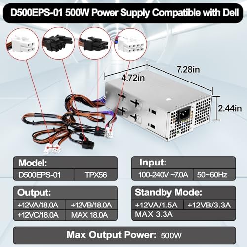 L500EPS-01 D500EPS-01 500W Power Supply Compatible with Dell XPS 8950 Vostro 3901 3910 Inspiron 3910 D12 Latitude D500 Optiplex 7000MT DPS-500AB-58A HU500EPS-00 HU500EPS-01 VFFKJ DYW3N