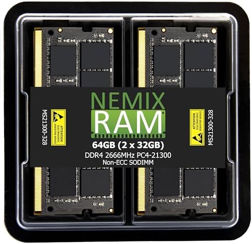 NEMIX RAM 64GB (2X32GB DDR4 2666MHZ PC4-21300 2Rx8 1.2V CL19 260-PIN Non-ECC SODIMM Laptop PC Memory KIT