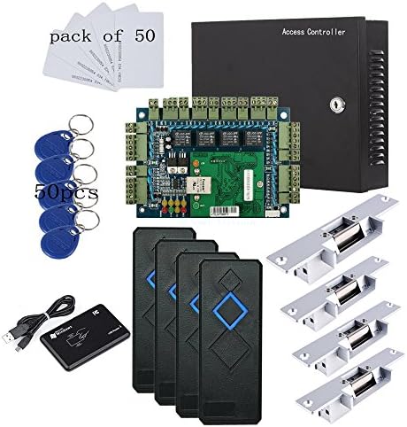 MENGQI-CONTROL TCP/IP 4 Door Entry Access Control Panel Kit Electric Strike Fail Secure NO Mode Lock Enroll RFID USB Reader 110-240V Power Supply Box RFID Reader Phone APP remotely Open Door