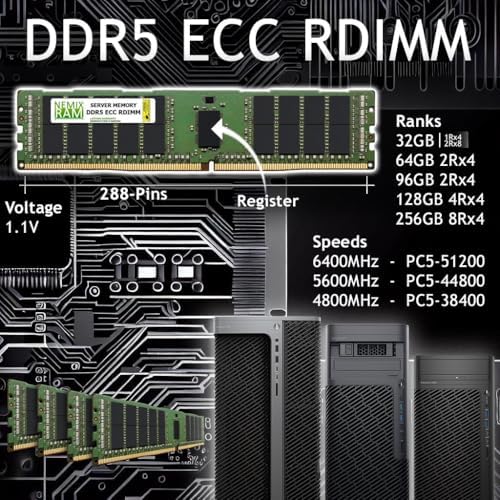 NEMIX RAM 32GB (1X32GB DDR5 6400MHZ PC5-51200 CL52 2Rx4 1.1V 288-PIN ECC RDIMM Registered Server Memory Compatible with Dell PowerEdge R6715 Rack Server