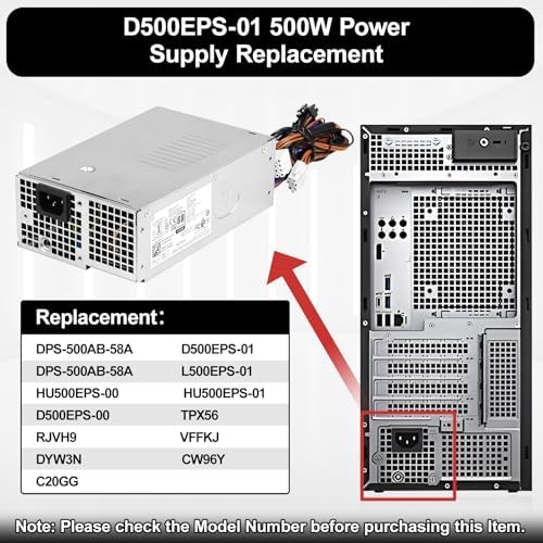 L500EPS-01 D500EPS-01 500W Power Supply Compatible with Dell XPS 8950 Vostro 3901 3910 Inspiron 3910 D12 Latitude D500 Optiplex 7000MT DPS-500AB-58A HU500EPS-00 HU500EPS-01 VFFKJ DYW3N