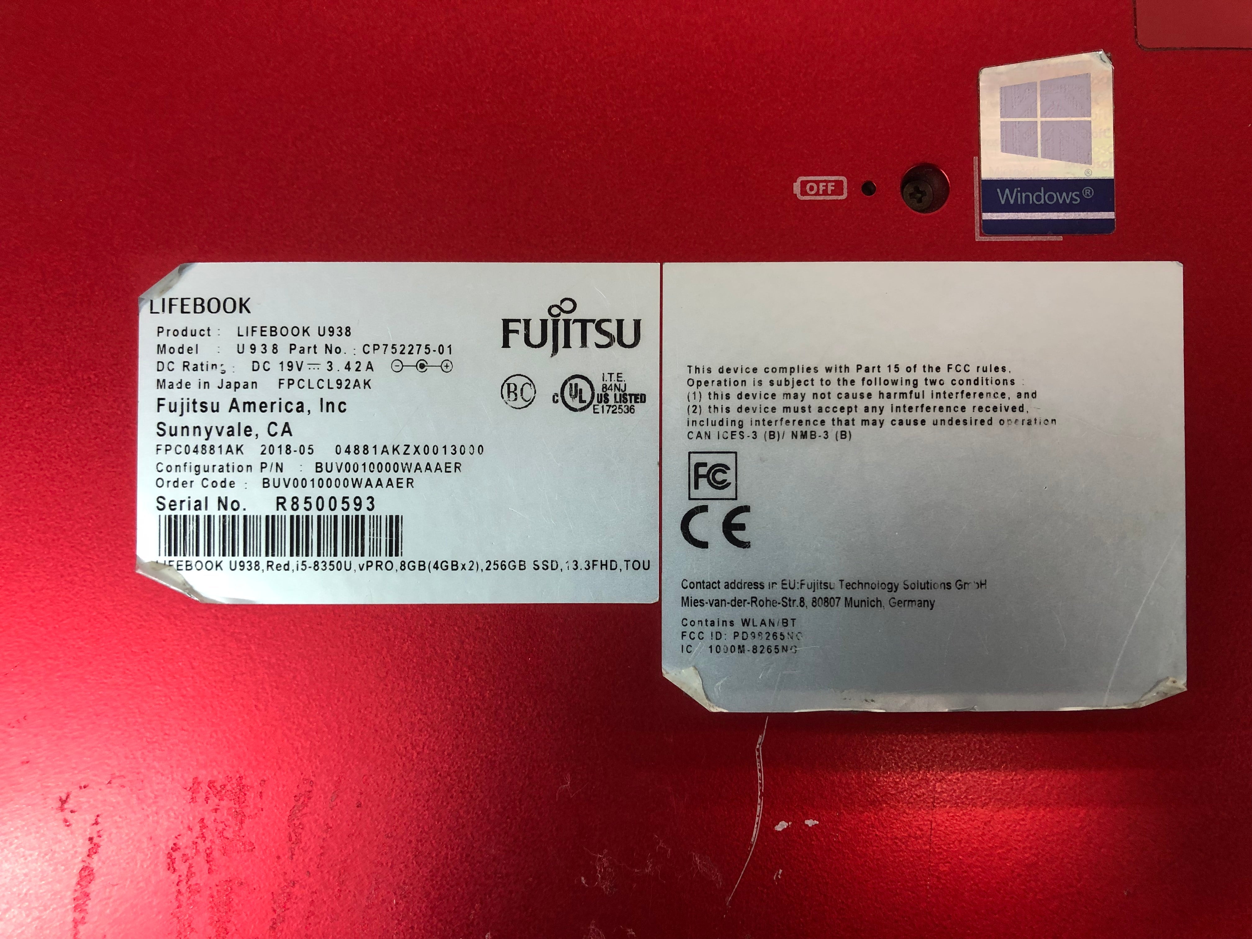 Fujitsu Lifebook U938 13.3” i5-8650U, 8GB/256GB, Touch Screen, Power adapter
