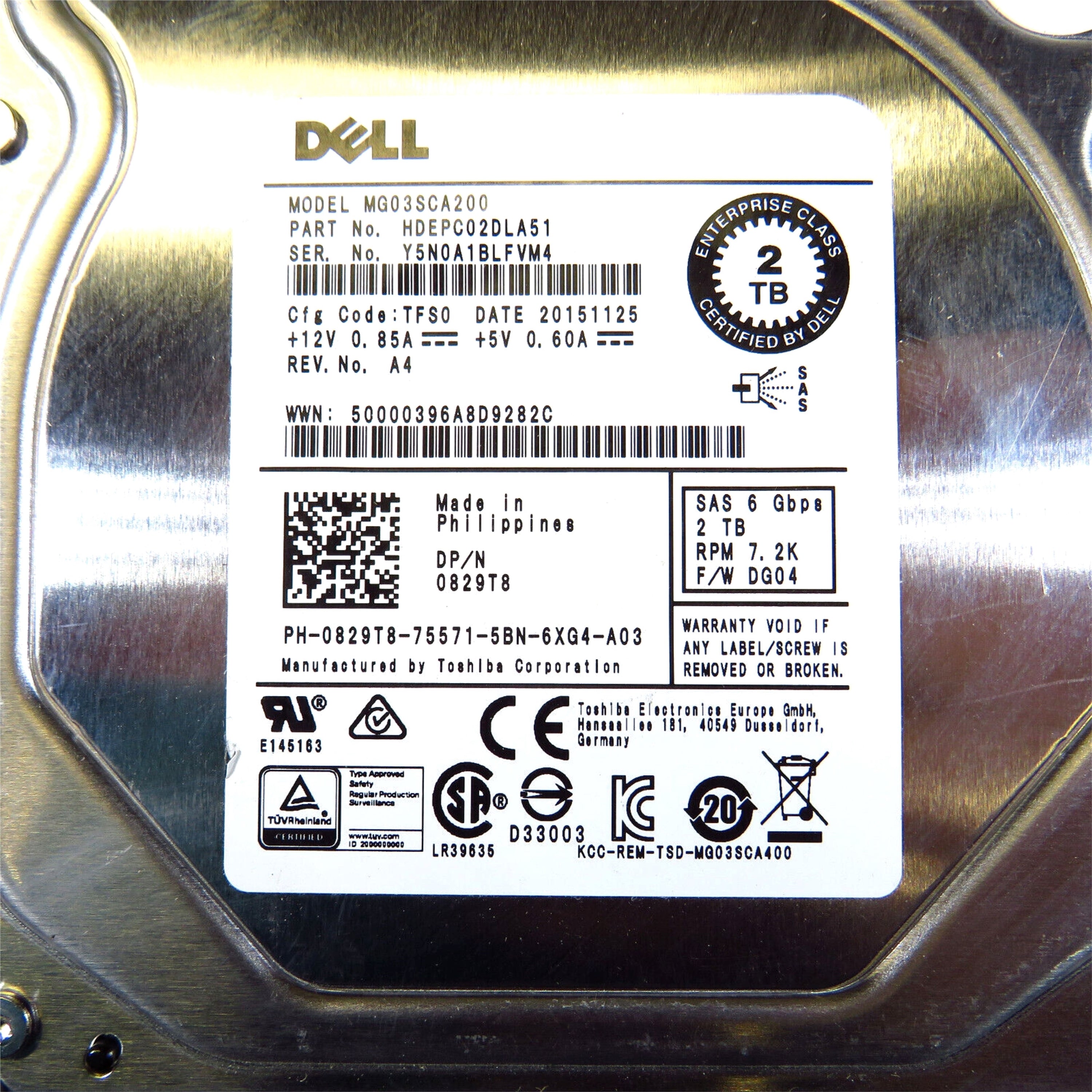 Dell 829T8 3.5" 2TB 7200RPM SAS 6Gb/s Hard Disk Drive (HDD), Silver (Refurbished)