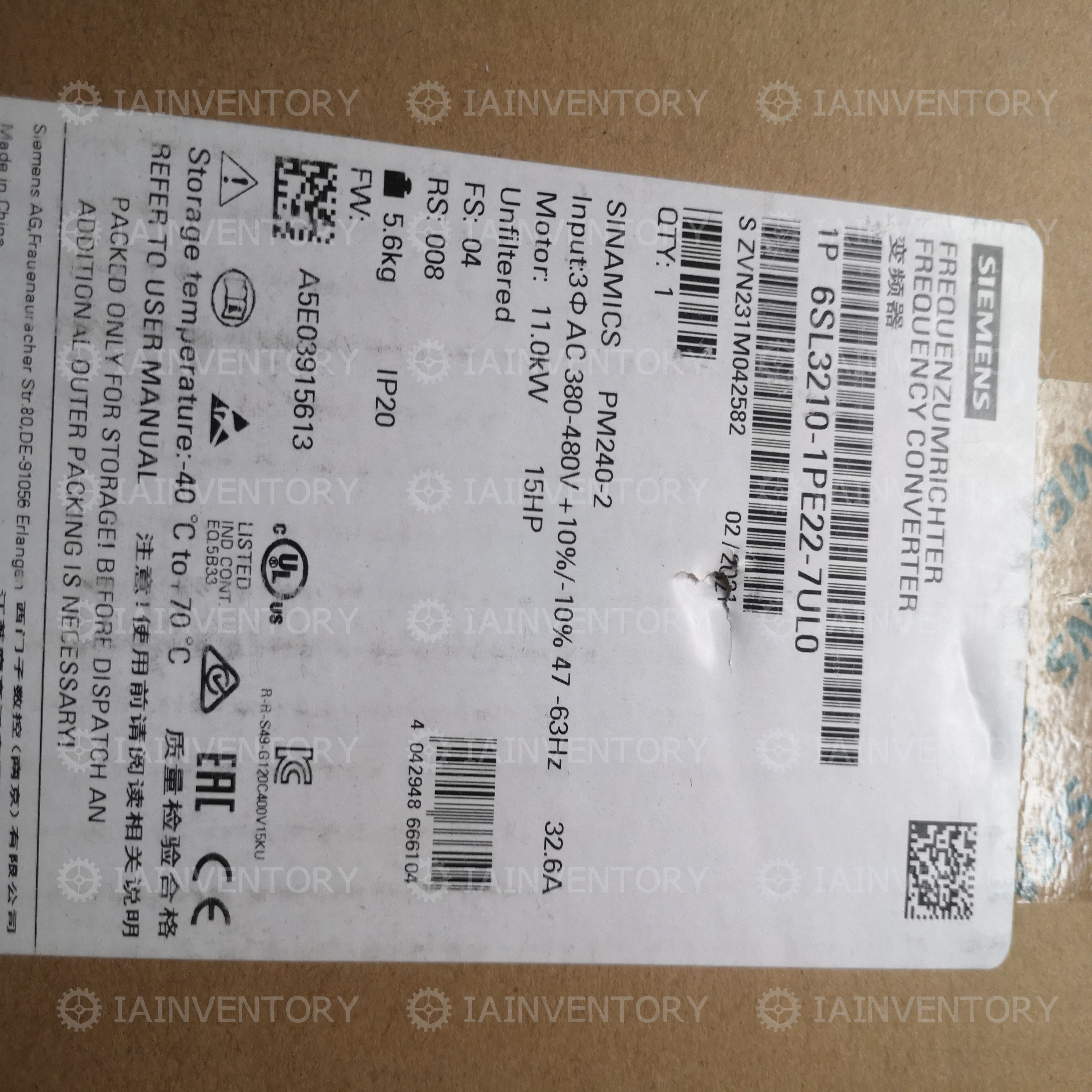 Siemens 6SL3210-1PE22-7UL0 6SL32101PE227UL0 Frequency converter