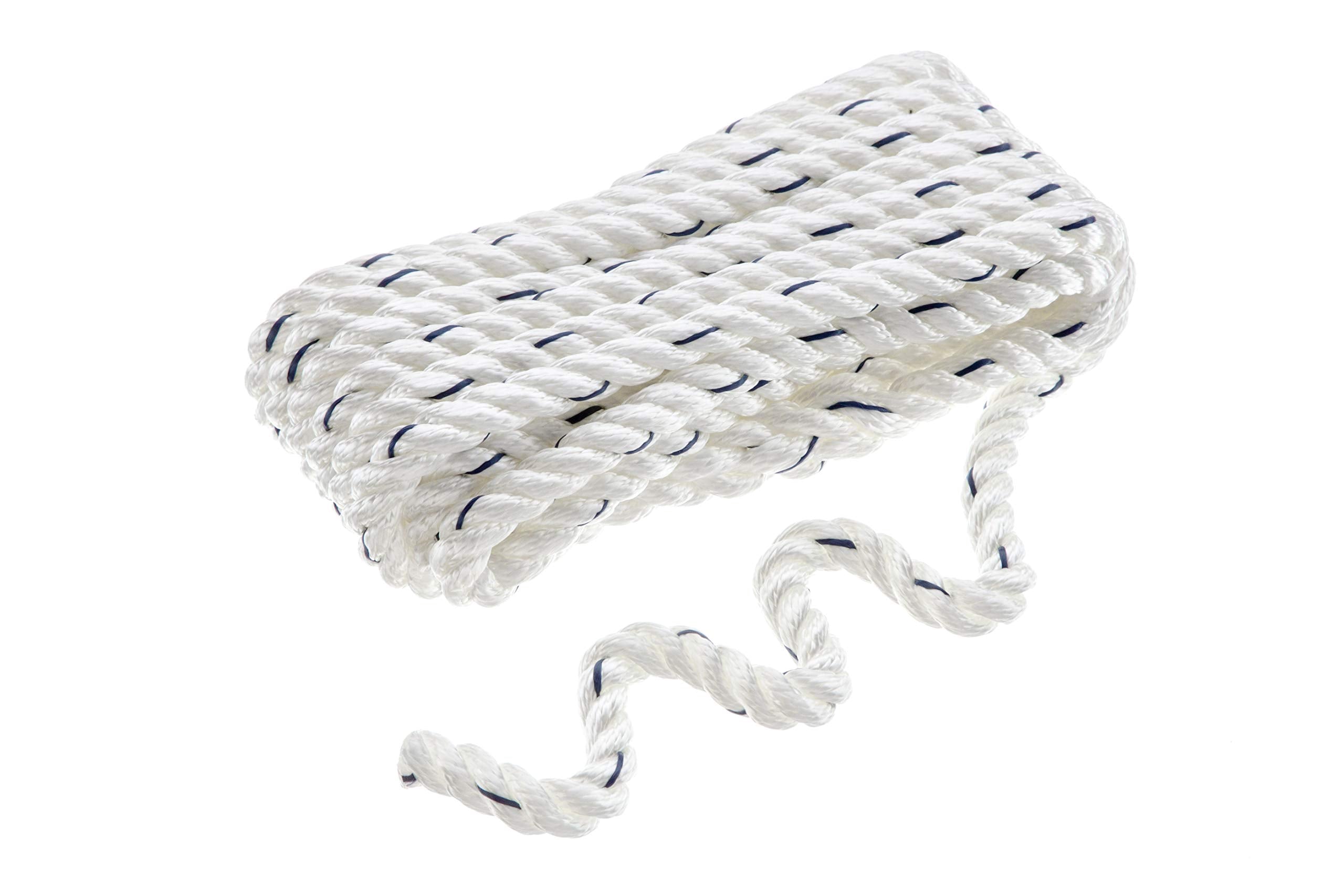 Seachoice 47561 Premium 3-Strand Twisted Nylon Dock Line, White w/ Blue Tracer, 1/2" x 20'