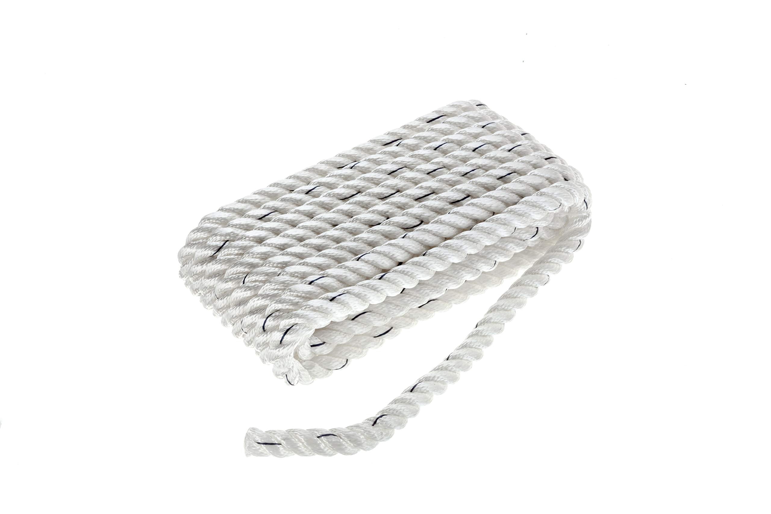Seachoice 47601 Premium 3-Strand Twisted Nylon Dock Line, White w/ Blue Tracer, 5/8" x 25'
