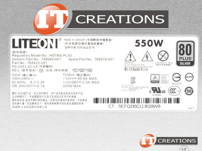 HP POWER SUPPLY 550W AC INPUT 100-240V 50-60HZ 6.7-3.3A OR 240VDC - 2.7A 80 PLUS SILVER 89% EFFICIENCY NON HOT PLUG (748949-001