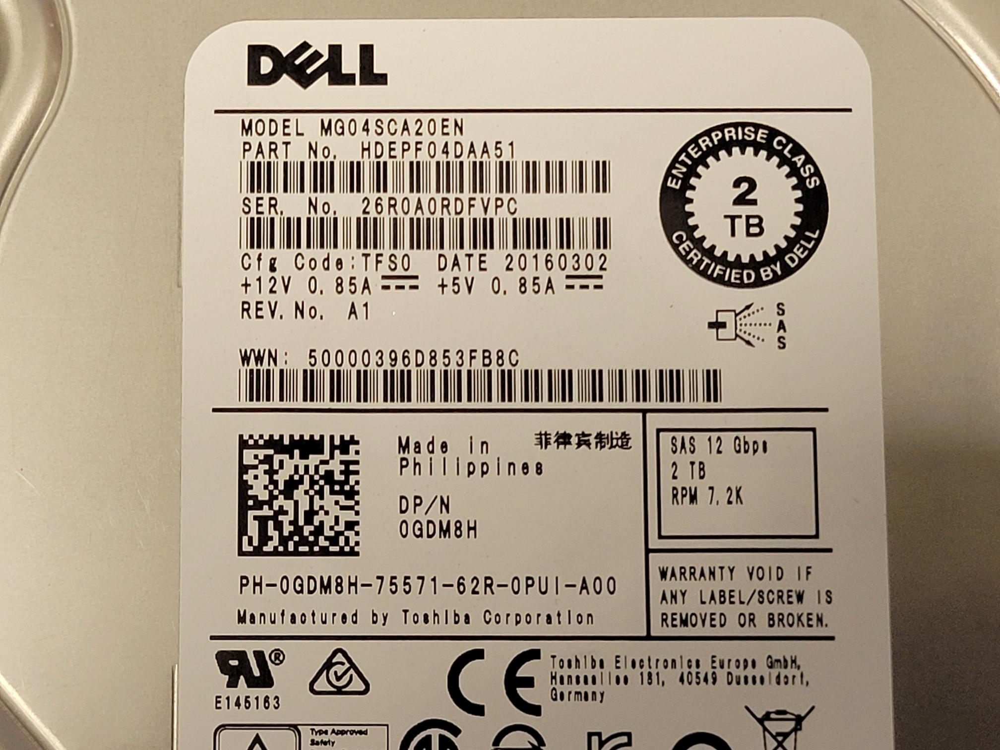 Dell GDM8H 2TB 7.2k 12Gb/s 3.5” SAS Hard Drive Toshiba MG04SCA20EN