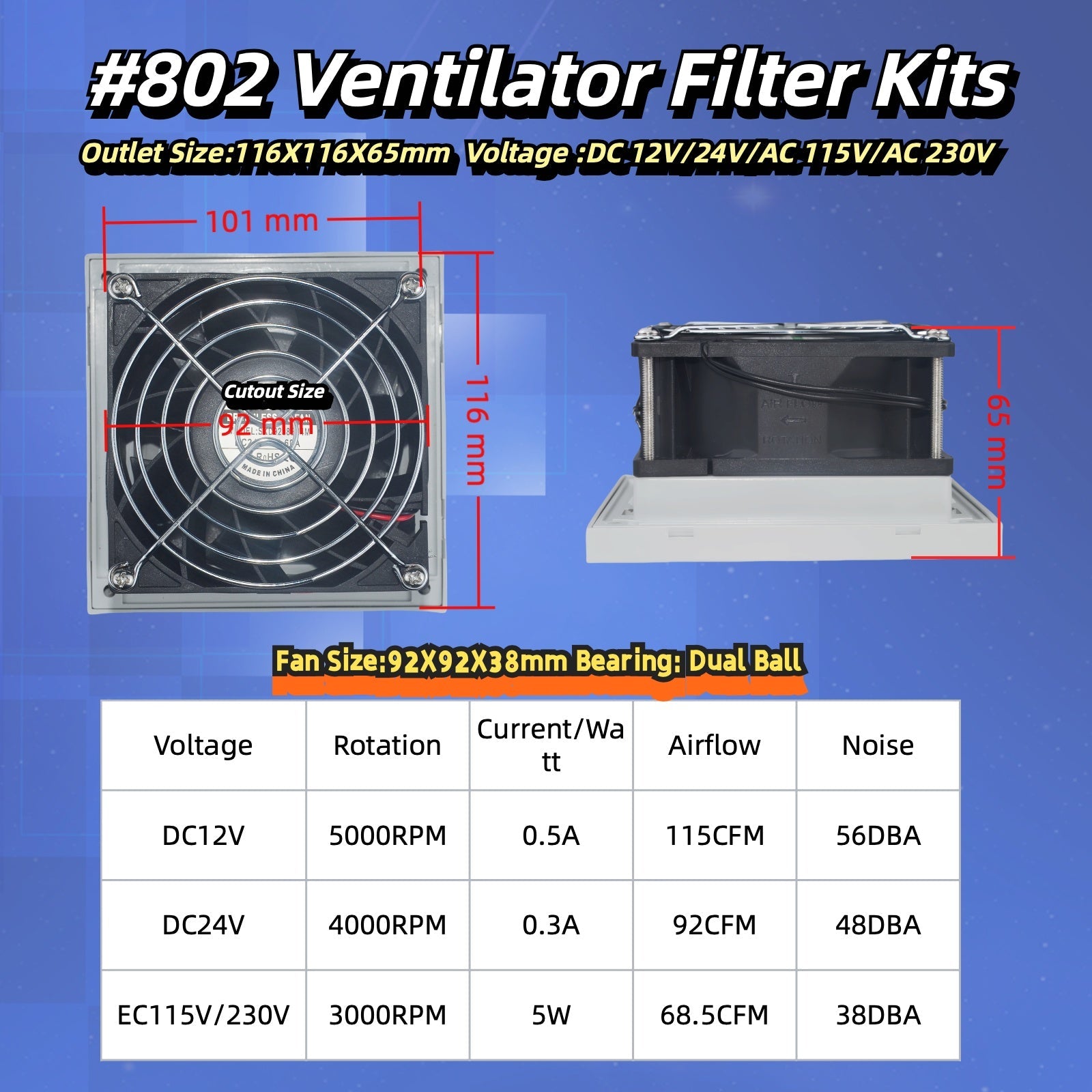 802 Series IP44 Industrial Ventilation Fan with Louvre Filter Kit 92x92x38mm Multi-Voltage