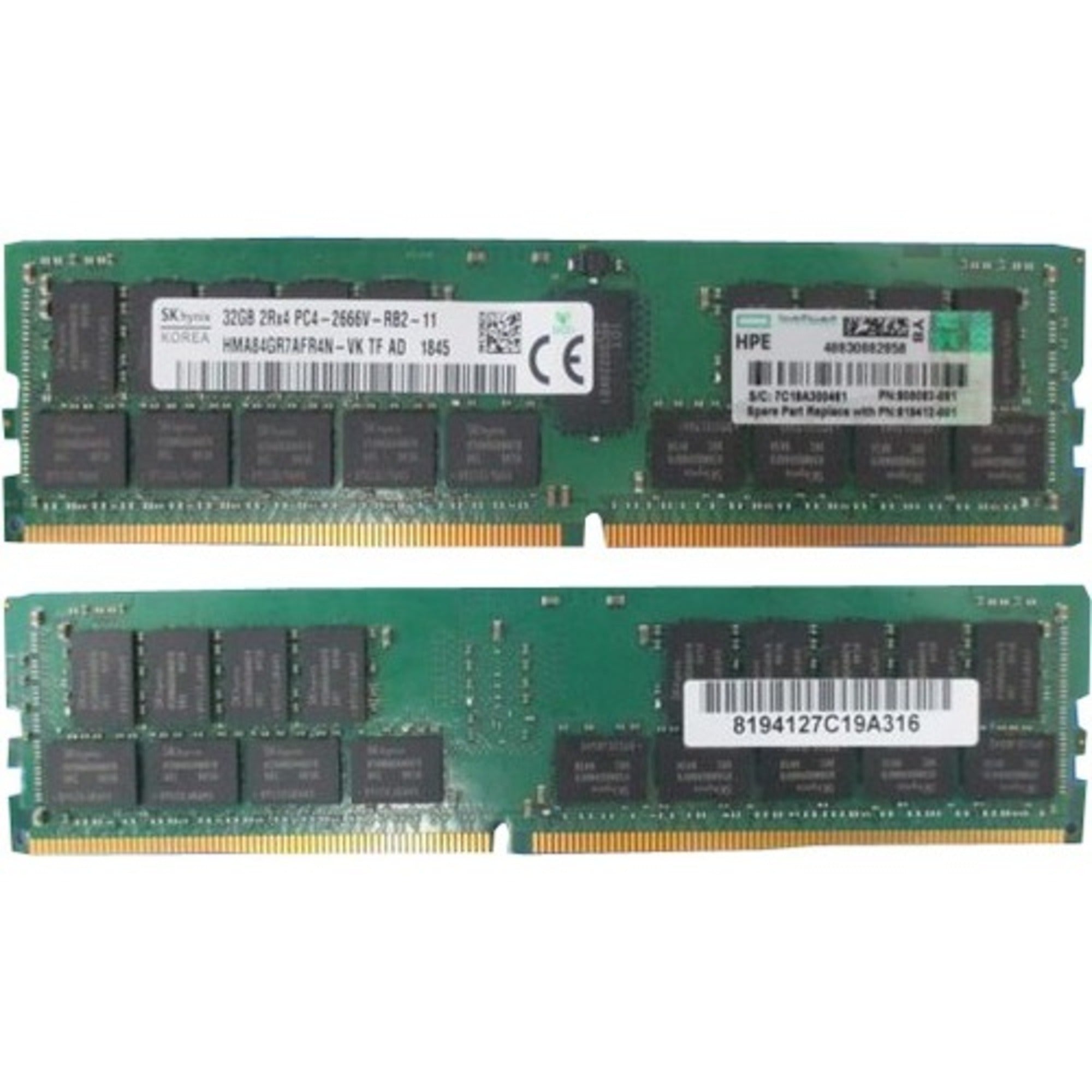 Hewlett Packard (HP) - 819412-001 - HP 32GB DDR4 SDRAM Memory Module - For Server - 32 GB (1 x 32GB) - DDR4-2400/PC4-19200 DDR4 SDRAM - 2400 MHz - CL17 - 1.05 V - ECC - Registered - 288-pin - DIMM