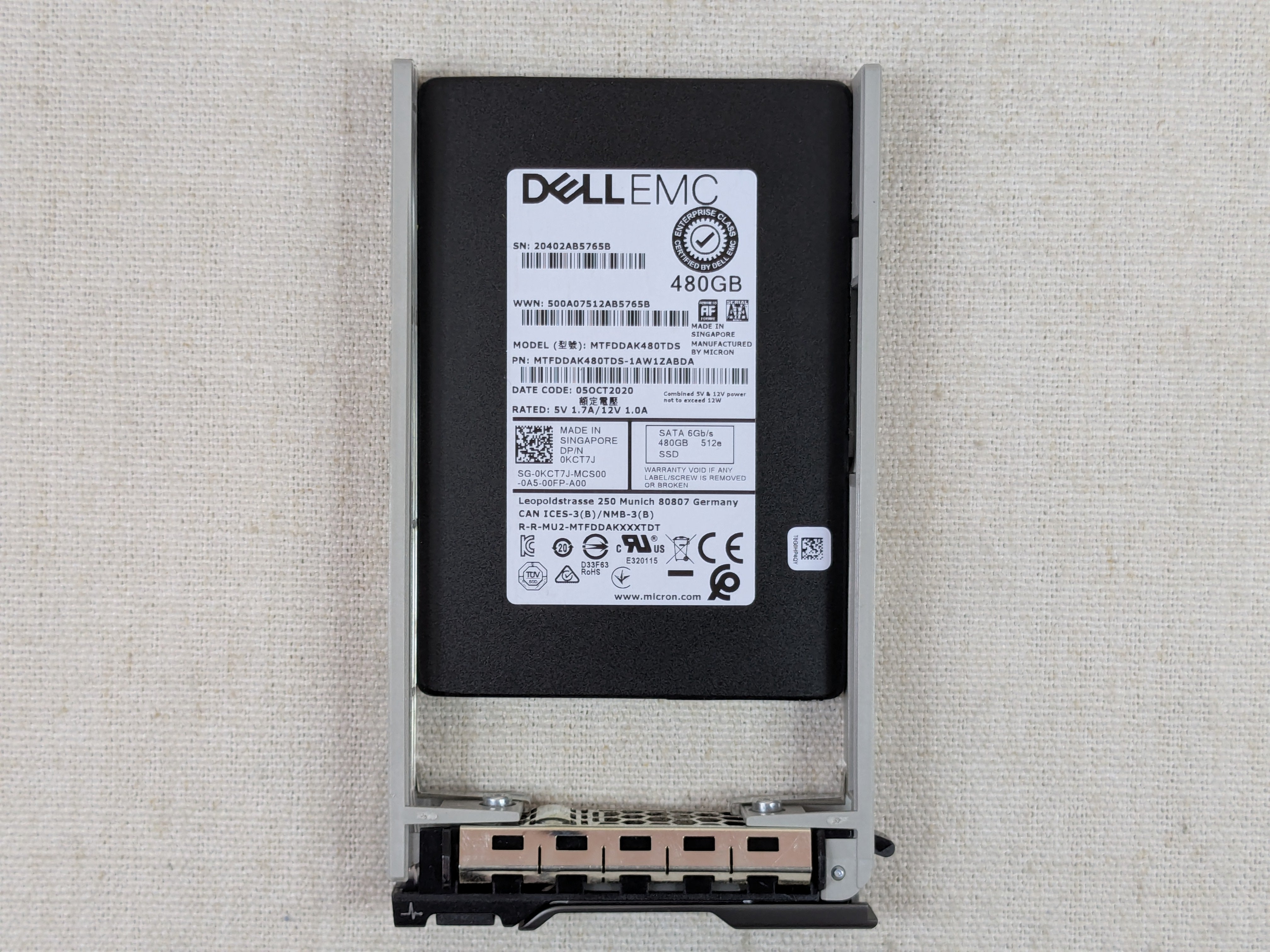 Dell KCT7J 480GB 6Gb/s 2.5" SATA SSD Micron MTFDDAK480TDS w/ 13G Tray