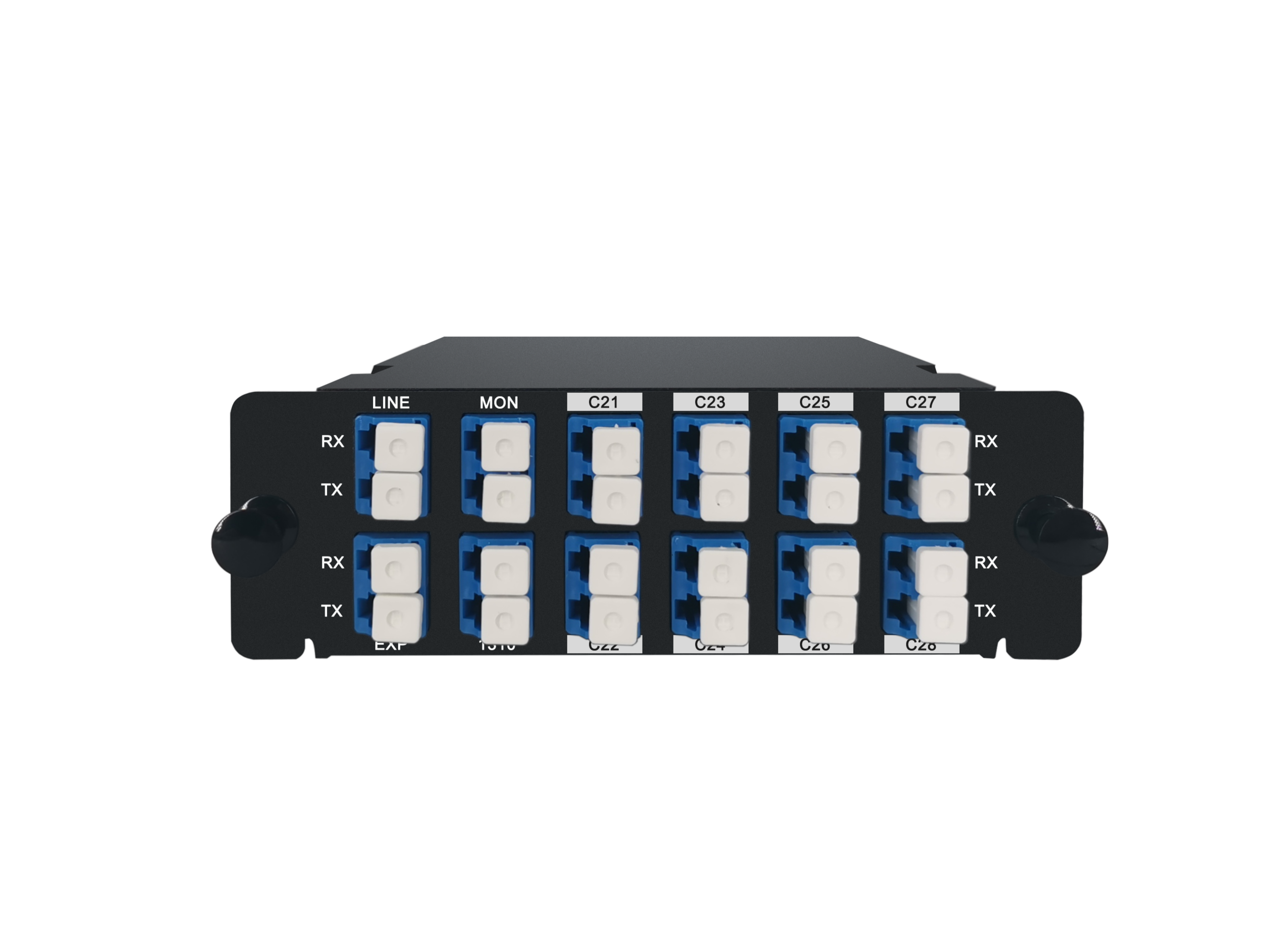 8 Channels DWDM Mux Demux, 100GHz C21-C28, with EXP & Mon and 1310nm Port, 2.4dB Typical IL, LC/UPC, Dual Fiber, High Density, FHD Plug-in Module