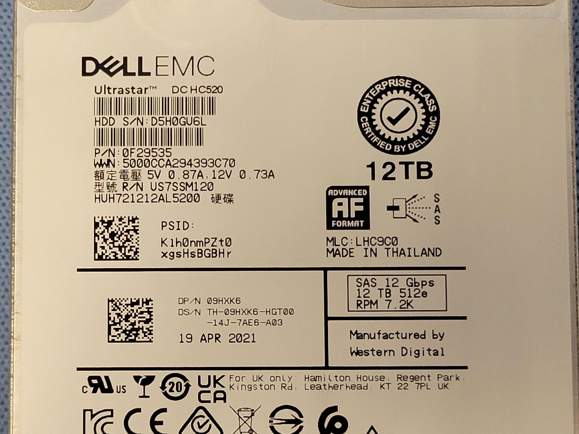 Dell 9HXK6 12TB 7.2k 12Gb/s 3.5” SAS 512e AF Hard Drive HUH721212AL5200