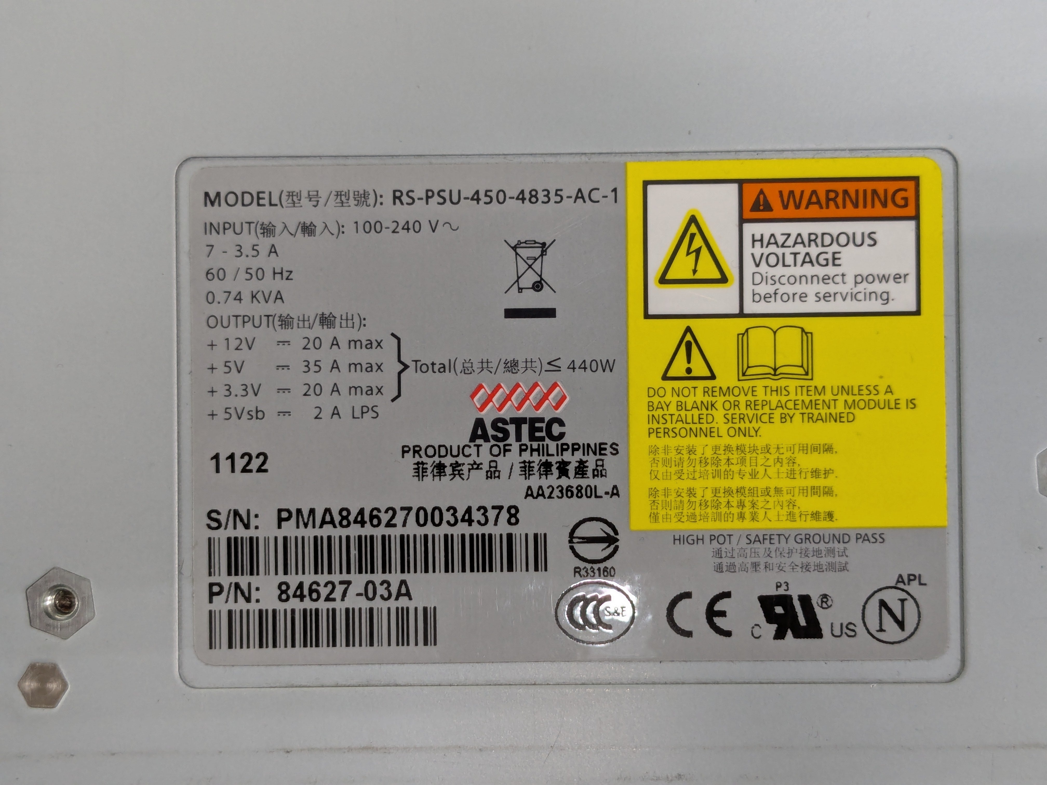 Dell 84627-03A EqualLogic 440W Power Supply Module PS5500 PS6500 PS6510