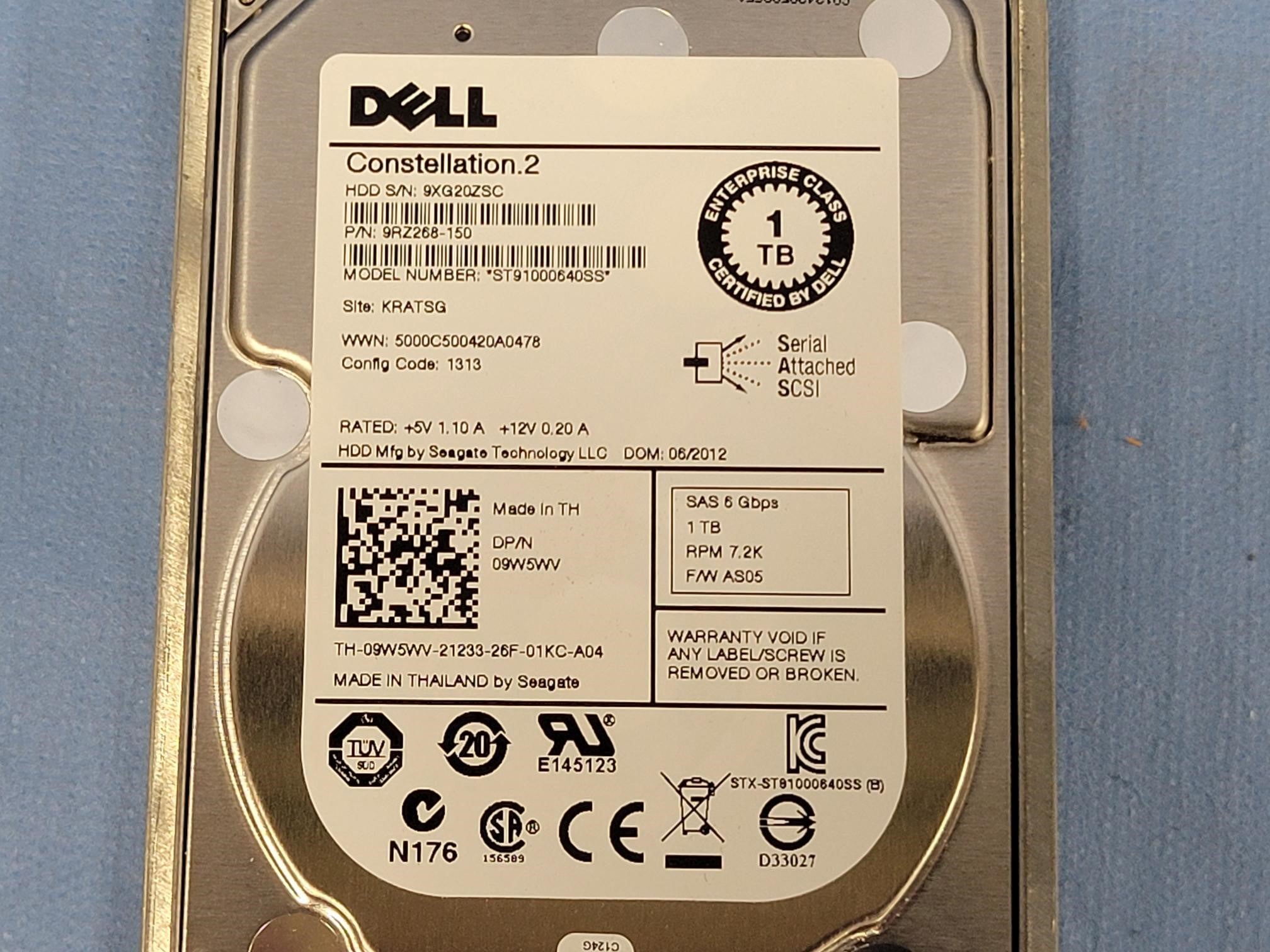 Dell 9W5WV 1TB 7.2k 6Gb/s 2.5” SAS Hard Drive with R-Series Tray ST91000640SS