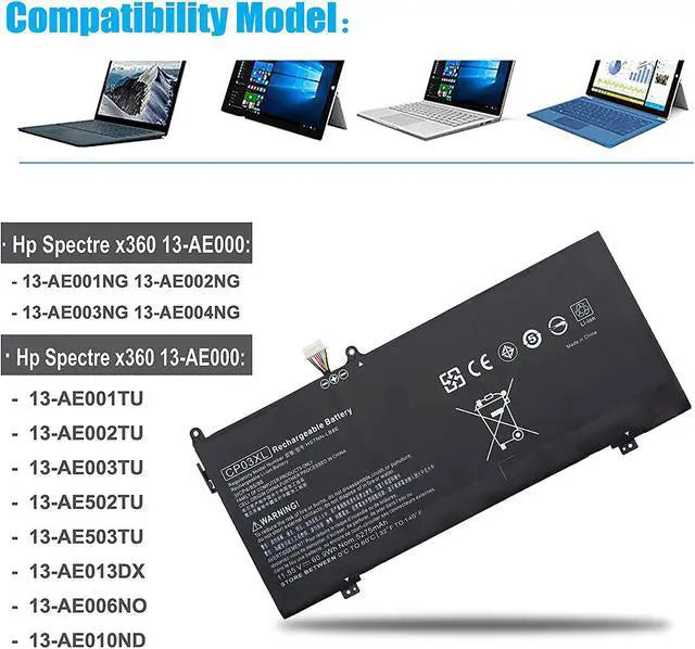 Alt view image 2 of 7 - Burflo CP03XL Battery for HP Spectre X360 13-AE000 Series:13-AE011DX 13-AE012DX 13-AE001NG 13-AE006NO 13-AE013DX 13-AE091MS 13-AE0XX CP03060XL 929066-421 929072-855 HSTNN-LB8E LB8-11.55V 60.9Wh