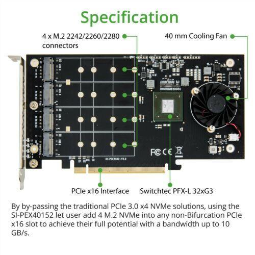 Controladora Quad M.2 M-key NVMe Slot PCIe 3.0 x16 Bifurcation Riser Controller Card Non-RAID - MFerraz Tecnologia