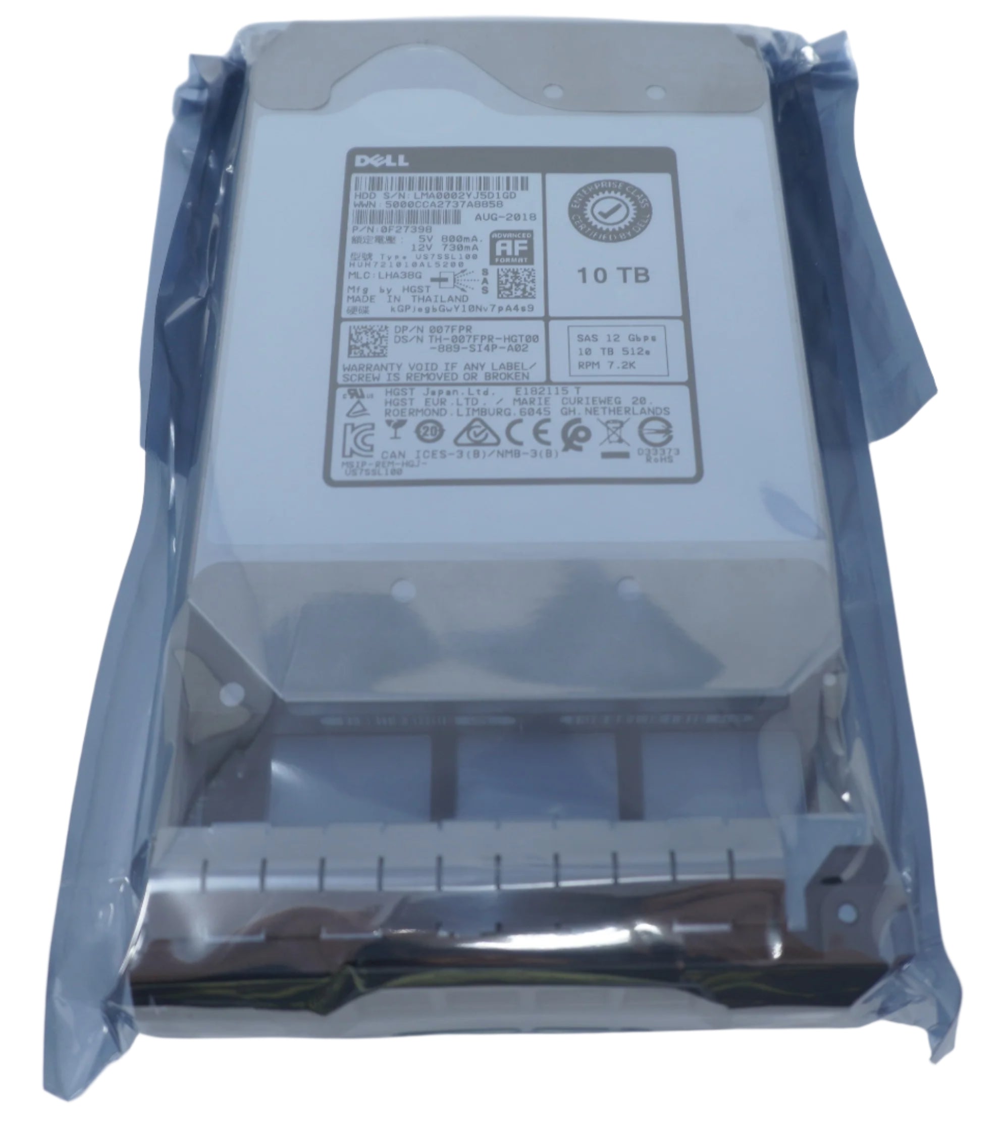 Dell 10TB SAS 7.2k 3.5" 12G 512e Hard Drive 07FPR