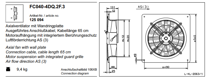 FC040-4DQ.2F.3 ZIEHL-ABEGG Axial Fan 3~400V 0.28 kW 0.6A 1380 rpm