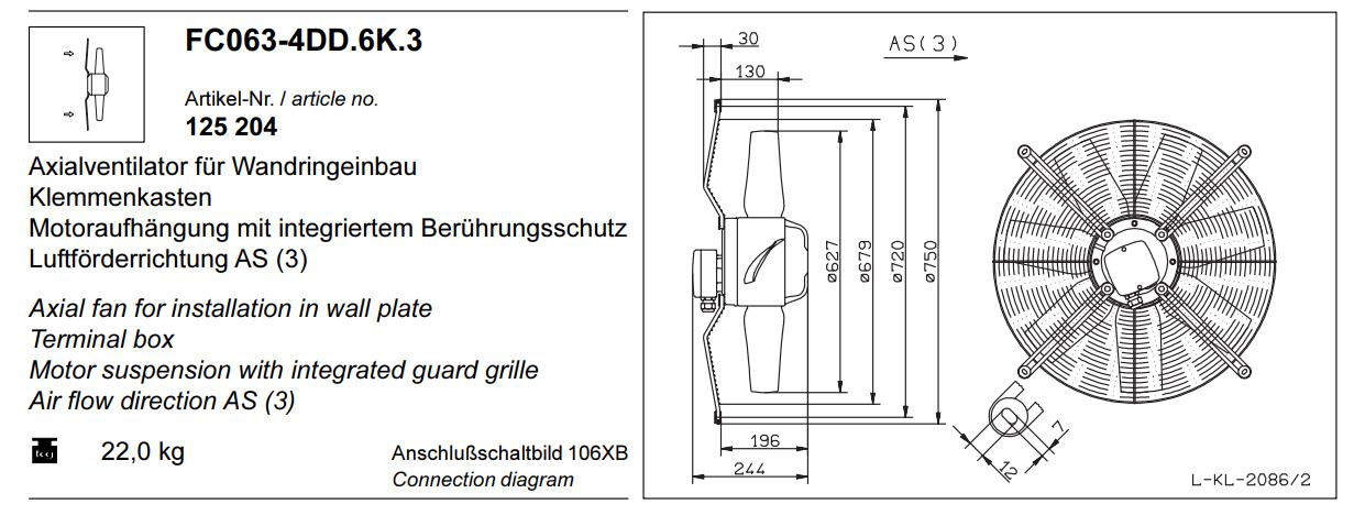 FC063-4DD.6K.3 ZIEHL-ABEGG Axial Fan 3~ 400V ± 10% 50 Hz 1.9kw, 3.2A 1360/rpm
