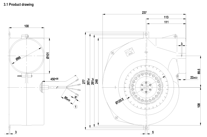 G2E140-NL33-01 Fan Blower, Centrifugal 230VAC Rectangular/Rounded - 277mm L x 237mm H Ball 4 Wire Leads