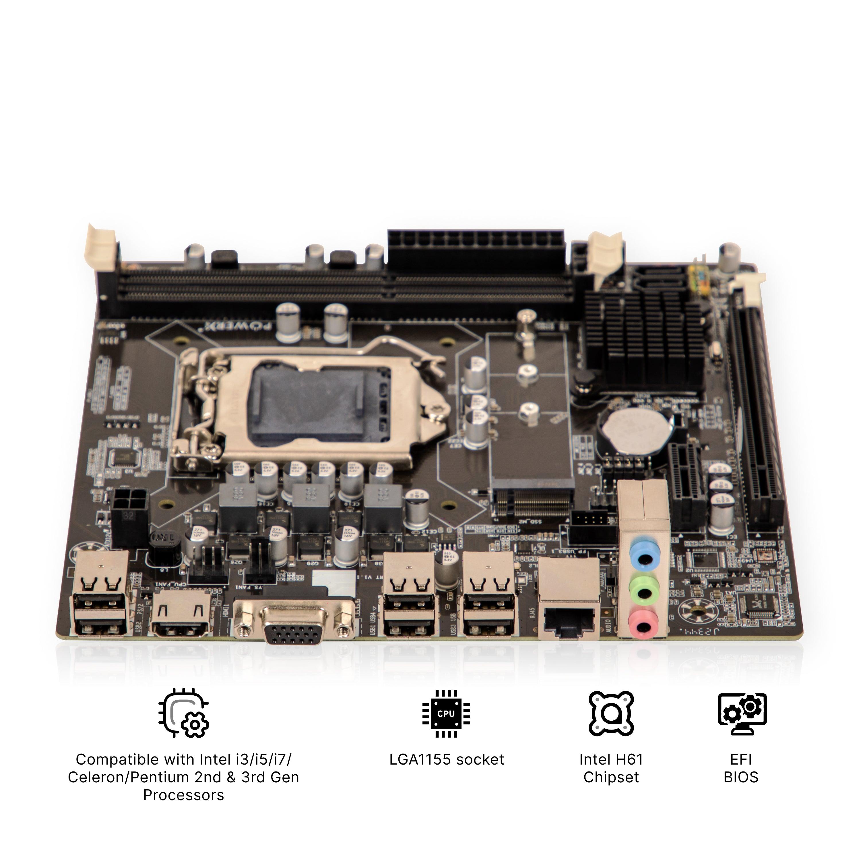 POWERX PMB-H61-DDR3 Motherboard | Intel LGA1155 Socket | DDR3 RAM | H61 Chipset | 16GB Max Memory | NVMe, HDMI, USB | Micro-ATX