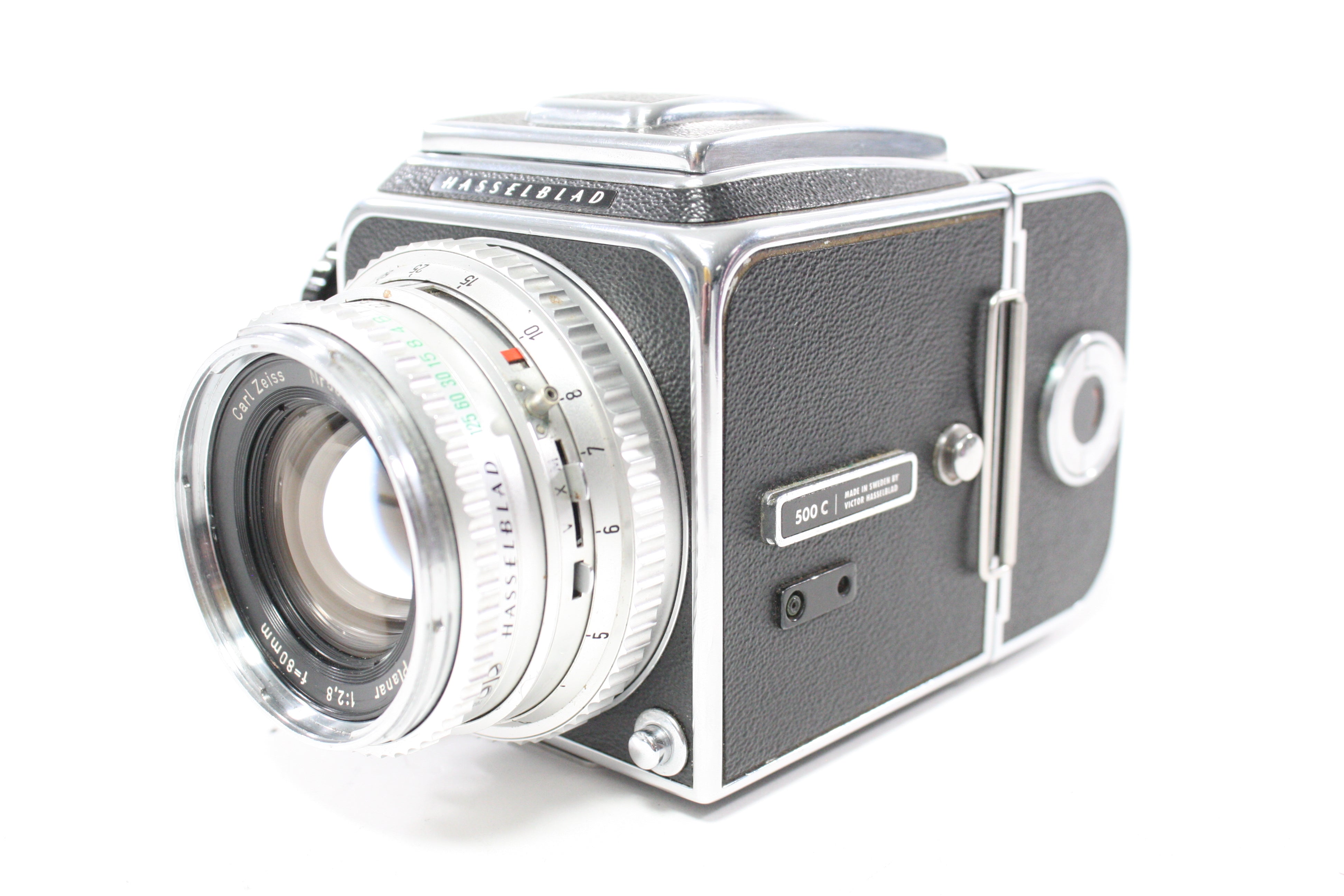 Hasselblad 500C Camera with Planar 80mm f/2.8 Lens, 120 A12 Film Back, Waist Level Viewfinder and BrightScreen Proscreen 20/20 Focus Screen