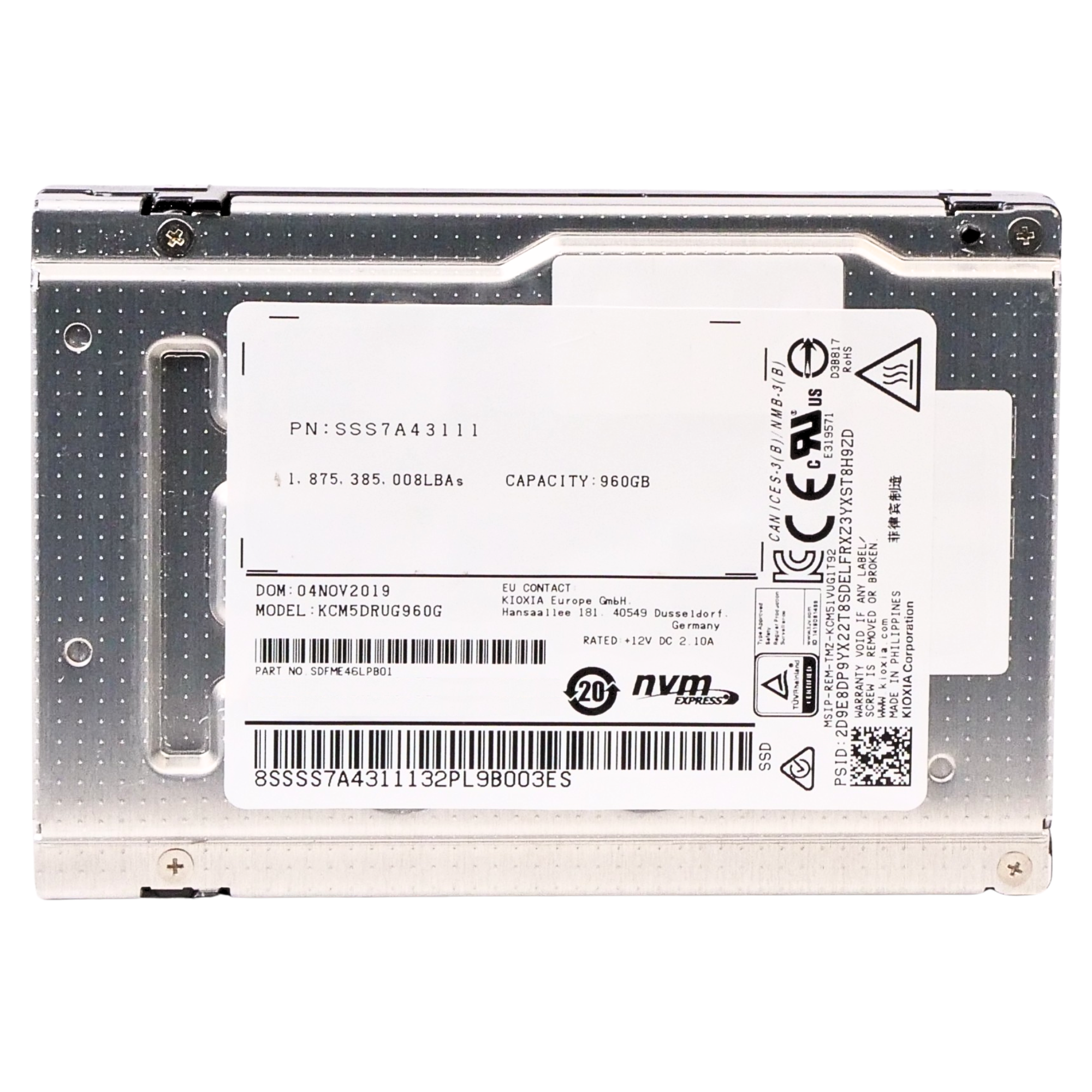 Kioxia CM5-R KCM5DRUG960G 960GB 1 DWPD PCIe Gen 3.0 x4 4GB/s 3D TLC U.2 NVMe 2.5in SSD