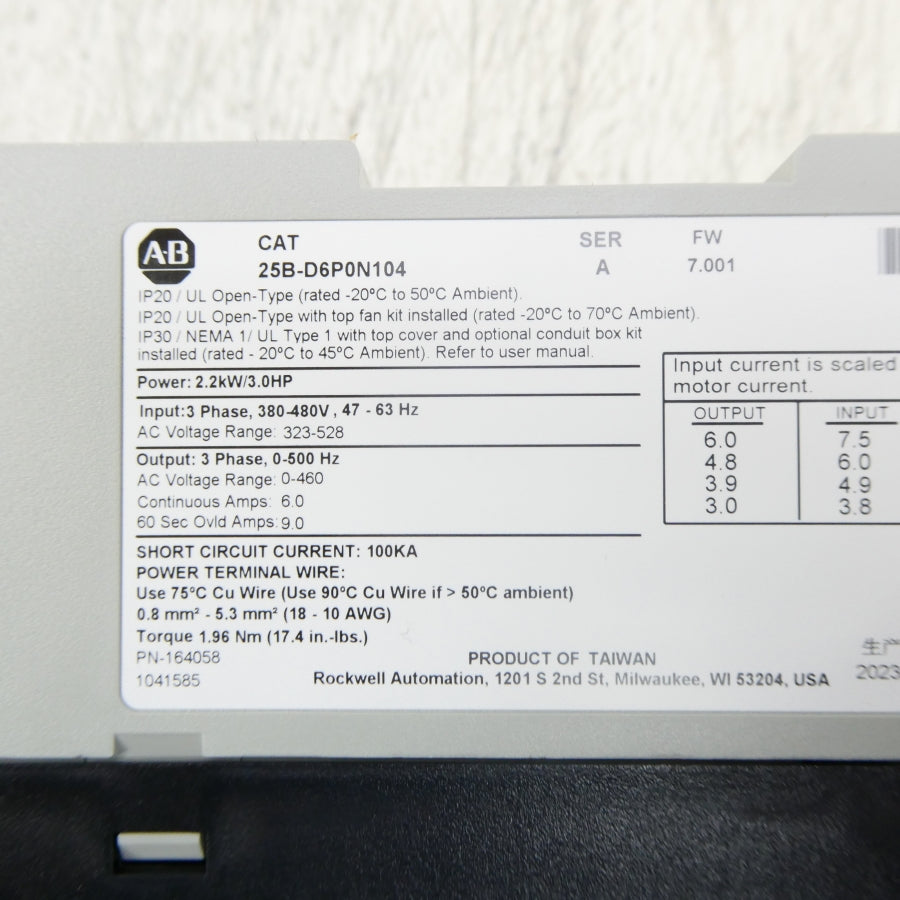 ALLEN BRADLEY 25B-D6P0N104 SER. A F/W 7.001 323-528VAC 6.0A NSMP