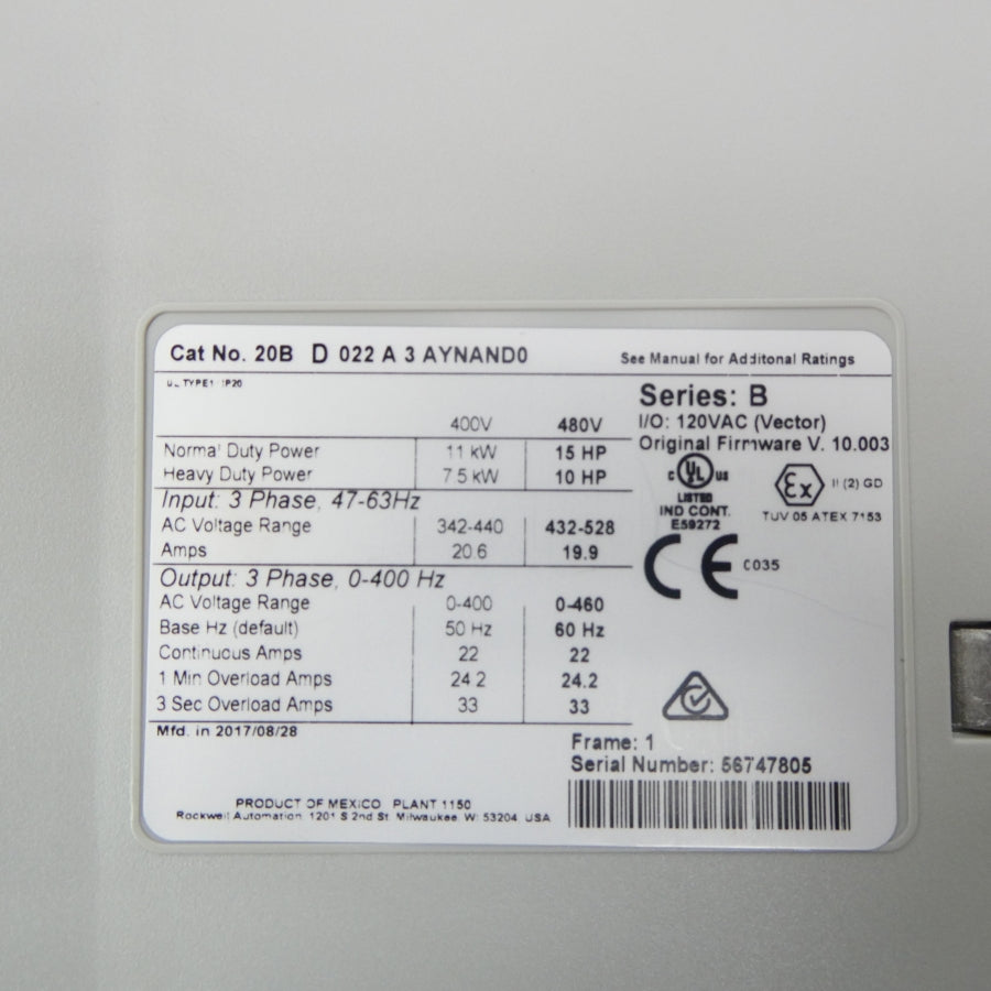 ALLEN BRADLEY 20BD022A3AYNAND0 SER. B F/W V10.0003 432-528VAC 19.9A NSNP