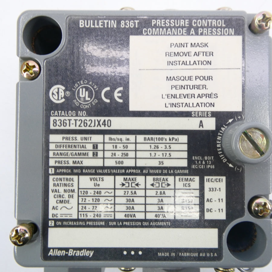 ALLEN BRADLEY 836T-T262JX40 SER. A 24-250PSI (BR/WH) NSMP